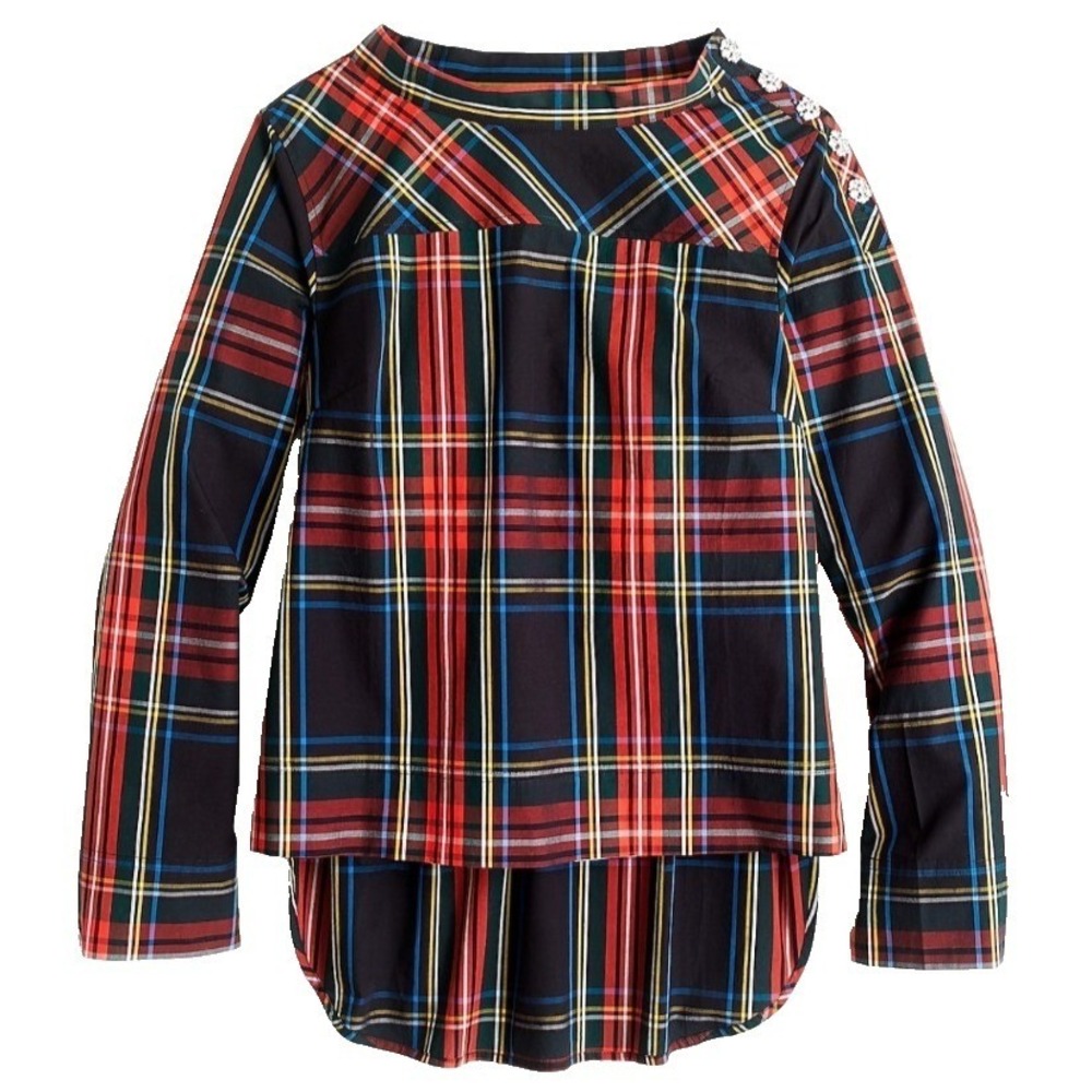 J.Crew Stewart Tartan‎ Plaid Funnel Neck Shirt Jeweled Buttons 0 Preppy Heritage